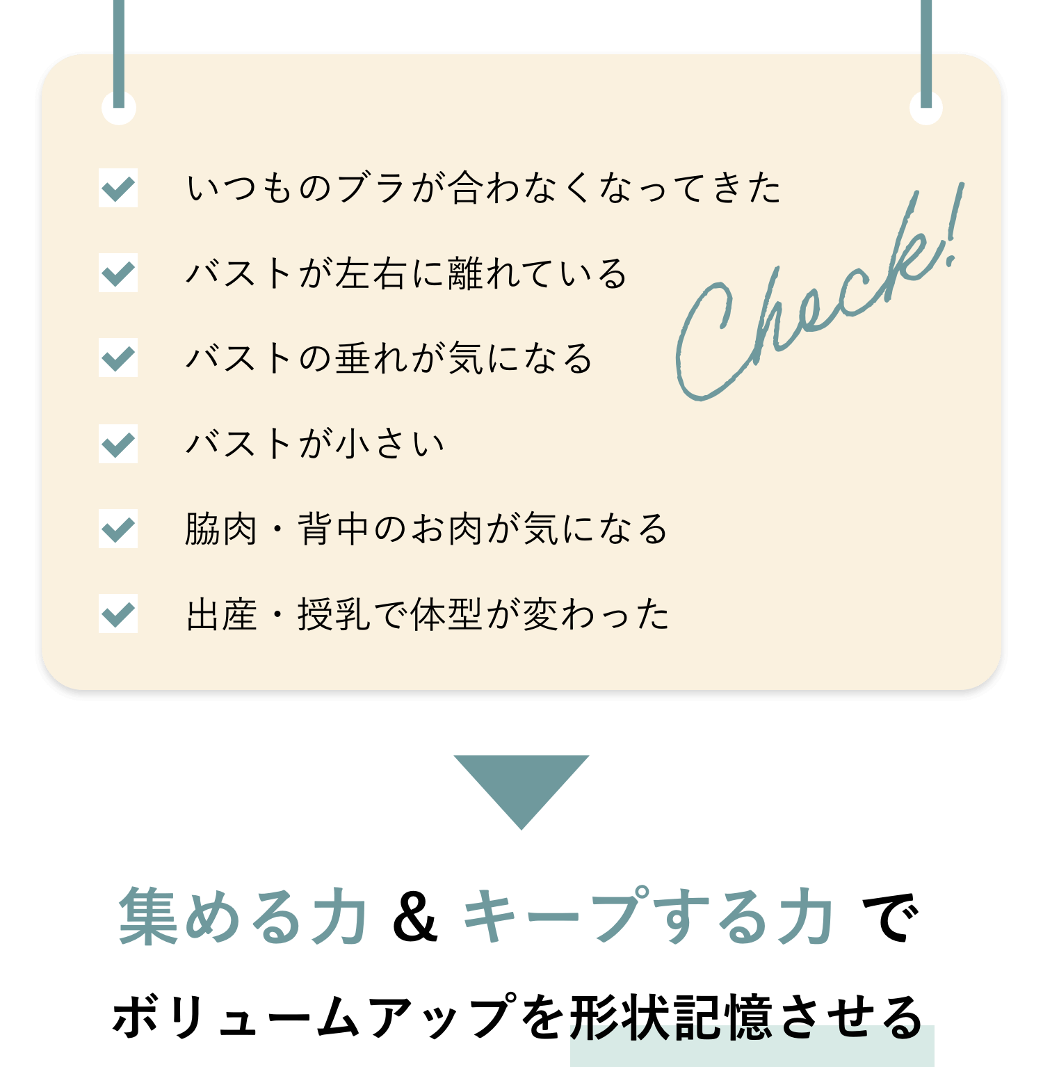 いつものブラが合わなくなってきた バストが左右に離れている バストの垂れが気になる バストが小さい 脇肉・背中のお肉が気になる 出産・授乳で体型が変わった 集める力＆キープする力でボリュームアップを形状記憶させる