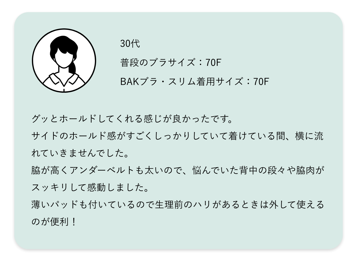 グッとホールドしてくれる感じが良かったです。サイドのホールド感がすごくしっかりしていて着けている間、横に流れていきませんでした。脇が高くアンダーベルトも太いので、悩んでいた背中の段々や脇肉がスッキリして感動しました。薄いパッドも付いているので生理前のハリがあるときは外して使えるのが便利！